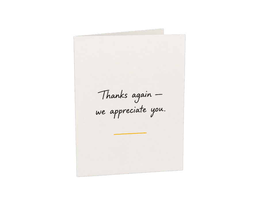 A handwritten thank-you card